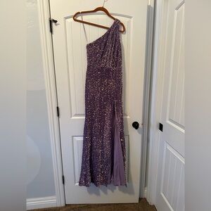 Lavender sequin one shoulder dress with slit on the right side!
